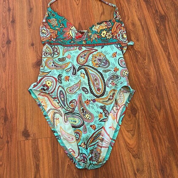 Vintage Ralph Lauren sport Paisley turquoise one piece swimsuit high cut size 10 - Picture 1 of 6